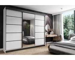 Kledingkast-Opbergkast-Spiegel-Kledingkasten Slaapkamer-Kleding Kast-Roedestang-Legplanken-Schuifdeurkast-Amo Wit Zwart 250 cm