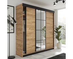 Kledingkast-Opbergkast-Spiegel-Kledingkasten Slaapkamer-Kleding Kast-Roedestang-Legplanken-Schuifdeurkast-Lamaro 200 cm Eiken Zwart