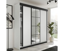Kledingkast-Opbergkast-Spiegel-Kledingkasten Slaapkamer-Kleding Kast-Roedestang-Legplanken-Schuifdeurkast-lamaro 200 cm Wit zwart