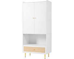 Kledingkast Opbergkast verhoogde bovenrand met 2 deuren 1 grote imitatie-rotan lade en 1 open opbergvak modern strak en stijlvol ontwerp robuust en duurzaam frame geschikt voor slaapkamer en woonkamer 80×48×175cm wit