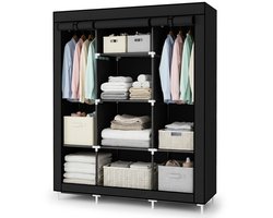 Kledingkast Opvouwbaar Zwart - Stoffen Kast 165x125x42 cm - 14 Opbergvakken - Stalen Frame - Lichtgewicht en Stabiel