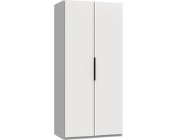 Kledingkast Oss - Hout - Wit - 100x216x58 cm (BxHxD) - Draaideurkast - 2 Deuren - Hang-legkast - Zwarte handgrepen