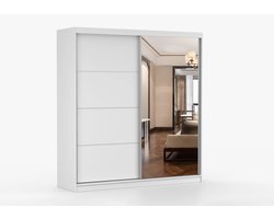Kledingkast Posa 42 - 2-deurs schuifdeurkast met spiegel, 3 lades en kledingstang - Garderobekast voor slaapkamer, hal en woonkamer - Moderne kast met ruime opbergruimte (Wit)