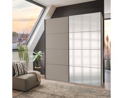 Kledingkast Rocco - Spaanplaat / Spiegel - Taupe - 180x210x65 cm (BxHxD) - Schuifdeuren - Zwart Metalen Handgrepen