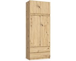 Kledingkast S90 met Opzetkast / Artisan Eiken / 90 cm / 2 Deuren / 2 Laden / 90 x 51 x 234 cm