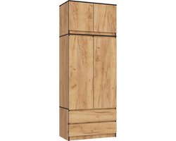 Kledingkast S90 met Opzetkast / Craft Eiken / 90 cm / 2 Deuren / 2 Laden / 90 x 51 x 234 cm