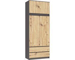 Kledingkast S90 met Opzetkast / Grafietgrijs / Front Artisan Eiken / 90 cm / 2 Deuren / 2 Laden / 90 x 51 x 234 cm