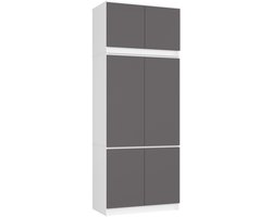 Kledingkast S90 met Opzetkast / Wit / Front Grafietgrijs / 90 cm / 6 Deuren / 90 x 51 x 235 cm