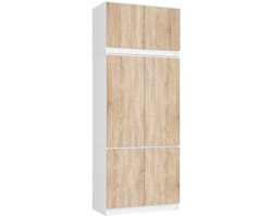 Kledingkast S90 met Opzetkast / Wit / Front Sonoma Eiken / 90 cm / 6 Deuren / 90 x 51 x 235 cm