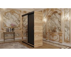 Kledingkast Schuifdeur – Casa Velluto RetroLux 138 cm – Elegante Garderobekast met Spiegel, Moderne Woonkamerkast, Schuifdeuren, Eiken Ambacht Goud + Zwart – 138x205x59 cm