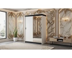 Kledingkast Schuifdeur – Casa Velluto RetroLux 138 Wit – Elegante Garderobekast met Spiegel, Moderne Woonkamerkast, Schuifdeuren, 138x205x59 cm