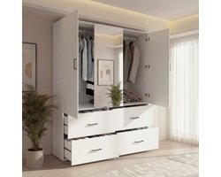 Kledingkast Slaapkamer met 2 Deuren 4 Lades, Spiegel & Kledingstang, Witte Opbergkast 182x130x52 cm, Multifunctionele Kledingkast