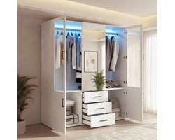 Kledingkast Slaapkamer met 2 Glazen Deuren 3 Lades, Spiegel & Kledingstang, Witte Opbergkast 182x130x52 cm, Multifunctionele Kledingkast