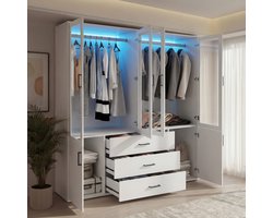 Kledingkast Slaapkamer met 4 Glazen Deuren, 3 Lades en LED-Verlichting, Wit 182x160x51 cm, Multifunctionele Opbergkast voor Kleding en Accessoires