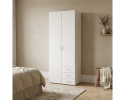 Kledingkast Slaapkamer Wit - 2-deurs met 3 lades - MDF - 77,6x50x200,4cm