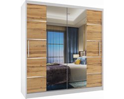 Kledingkast Slaapkamer Wit Eiken 133cm-Schuifdeur-Spiegel-Lades-Kledingkasten-Schuifdeurkast-Garderobekast