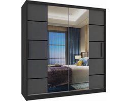 Kledingkast Slaapkamer Zwart Antraciet 158 cm-Schuifdeur-Spiegel-Lades-Kledingkasten-Schuifdeurkast-Garderobekast