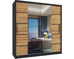 Kledingkast Slaapkamer Zwart Eiken 158 cm-Schuifdeur-Spiegel-Lades-Kledingkasten-Schuifdeurkast-Garderobekast