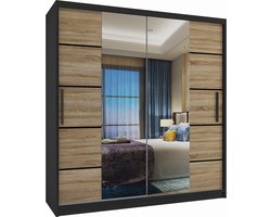 Kledingkast Slaapkamer Zwart Licht Eiken 158 cm-Schuifdeur-Spiegel-Lades-Kledingkasten-Schuifdeurkast-Garderobekast