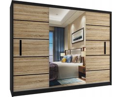 Kledingkast Slaapkamer Zwart Licht Eiken 235 cm-Schuifdeur-Spiegel-Lades-Kledingkasten-Schuifdeurkast-Garderobekast