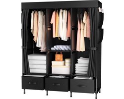 Kledingkast stof met kledingstang en opbergkist 120 x 40 x 170 cm stoffen kast voor slaapkamer met zijzakken zwart Kledingkast