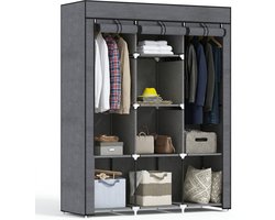 Kledingkast stoffen - groot met 2 kledingstangen en 8 planken - opvouwbare kledingkasten met overtrek - niet-geweven stof - grijs - 125 x 43 x 162,5 cm