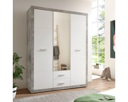 Kledingkast Storck 151cm 3 deuren & 2 lades & spiegel - beton/wit - Bega Polpower - Kledingkast - Wit; Betonlook - Spiegel; Spaanplaat