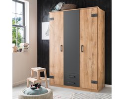 Kledingkast Stratum - 135x199x58 cm (BxHxD) - Draaideur - 4 legplanken & 2 roedes - Slaapkamer - Industrieel