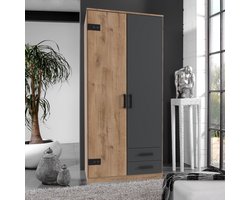 Kledingkast Stratum - Houtlook - Eiken/Grafiet - 90x199x58 cm (BxHxD) - Draaideuren - Slaapkamer - Industrieel - 1 plank & 1 roede