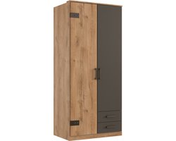 Kledingkast Stratum - Houtlook - Eiken/Grafiet - 90x199x58 cm (BxHxD) - Draaideuren - Slaapkamer - Industrieel - 1 plank & 1 roede