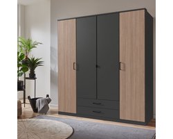 Kledingkast Tarifa - 180x199x58 cm (BxHxD) - Houtlook / Grafiet - Spaanplaat - Draaideuren - 2 Lades