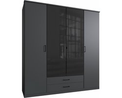 Kledingkast Toledo - Spaanplaat/Glas - Grafiet/Zwart - 180x199x58 cm (BxHxD)