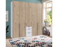 Kledingkast Tudela - 225x236x58 cm (BxHxD) - Wit / Eiken Houtlook - 5 Draaideuren - 3 Lades