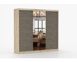 Kledingkast VERA L 3D 233 cm - Schuifdeurkast met spiegel en zwarte lamellen - Garderobekast voor slaapkamer en woonkamer