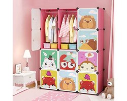 Kledingkast voor kinderkamer - Modulaire Opbergkast met Deuren, Ruimtebesparende Organizer (Roze, 111 x 37 x 147 cm)