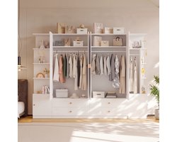 Kledingkast - Wit - Met LED - Garderobekast met 2 lades - Garderobekast - 1 kledingroede - 3 deuren - 200x90x50 cm - MDF - Kledingkasten Slaapkamer