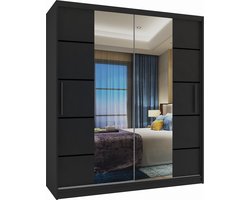 Kledingkast Zwart Met Spiegel 133cm-Schuifdeuren-2 Lades