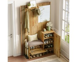 Kledingkastset - compacte inloopkast - met spiegel en kussen - met parapluhouder - boekenplank - hal kapstok - schoenenkast - 115x185x37 cm