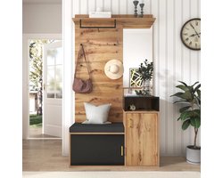 Kledingkastset - Halmeubel - Zwart en Hout - Met Spiegel - Schoenenkast - Kledinghangers - Gangbank - Wandkast - Schoenenorganizer