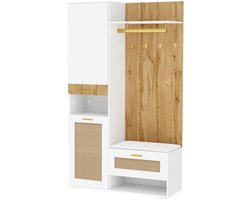 Kledingkastset ingangskast veelzijdige opbergkast met 5 gouden haakjes spiegel schoenwisselbank open compartimenten en verborgen opslagruimte modern eenvoudige rotan landelijke stijlontwerp 110x38x190 cm wit