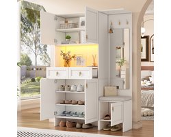 Kledingkastset - wandgarderobe; met schoenenbank en schoenenkast - met haken - deur - lade - spiegel - wit - 120x180x33 -5 cm