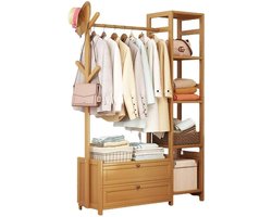 Kledingrek Bamboe - Garderobekast Staand - Kleding Opbergen - Met Lade Haken - 80/100 x 29 x 165cm - Natuurlijk