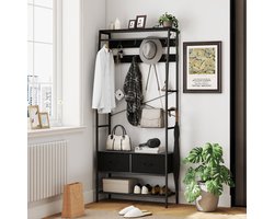 Kledingrek – Garderoberek – Kapstok – Kledingstandaard – Dressboy – Industrieel Design – Metaal – 2 Stoffen Lades – 8 Haken – Schoenenrek – Zwart – 80x30x180 cm – Stevig & Ruimtebesparend