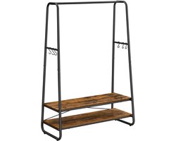 Kledingrek kapstok multifunctioneel opbergrek met 2 planken 6 S-vormige haken en kledingstang stevig metalen frame stijlvol en minimalistisch ontwerp geschikt voor slaapkamer en werkruimte 100 x 45 x 160 cm bruin + zwart