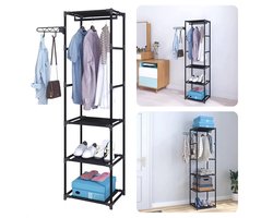 Kledingrek - Kleerkast - Garderobe met Metalen Frame - 170 cm Hoog - Zwart - Met 3 Legplanken - Inclusief EBOOK