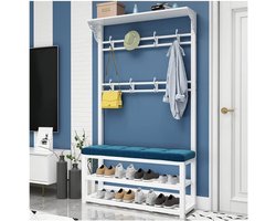Kledingrek Met Schoenenrek - Kapstok Halmeubel - Entree Organisatie - Stabiele Metalen Constructie - 100x30x172cm - Wit Blauw
