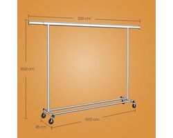 Kledingrek op Wielen – NoaHome® Industriële Kledingkast met Uitschuifbare Kledingstang – Extra Stevig Metalen Kledingrek – Draagvermogen 150 kg – Verstelbaar (160-200 cm) – Robuust & Verrijdbaar – Zilver