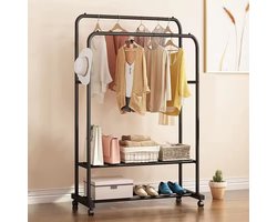 Kledingrek Op Wielen - Schoenen Rek Opslag - Dubbele Rails - Anti Slip Haak - Modern - Zwart - 1.55 cm Hoog - Stevig - Metaal - Ruimtebesparend - Veel Opbergruimte - Kast Organizer - Incl 2 Rekken
