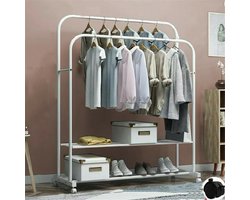 Kledingrek Op Wielen - Schoenen Rek Opslag - Dubbele Rails - Anti Slip Haak - Wit - 1.5m Hoog - Stevig - Metaal - Ruimtebesparend - Veel Opbergruimte - Kast Organizer - Incl 2 Rekken