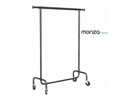 Kledingrek op Wieltjes – Garderoberek Zwart Metaal – Uitschuifbaar van 110 tot 150 cm – Draagt 160 kg – 162,5 cm Hoog – 4 Wielen met 2 Remmen – Monza Home®